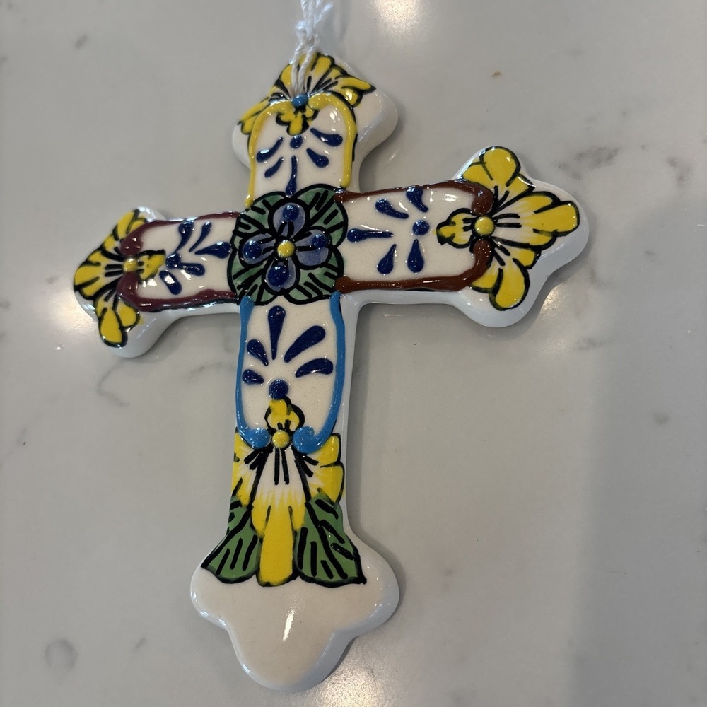 Crucifix Holy Cross Mexico Pottery Ceramic Art Hanging Wall Ornament 5.25"